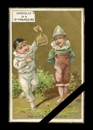 French Antique Trade Card: Old Chromolithograph,  Clowns - France