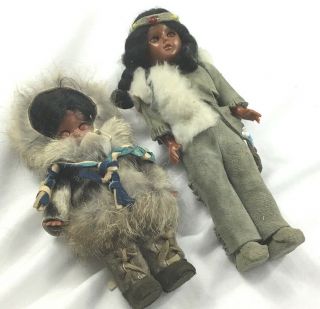 Vintage Eskimo Dolls With Real Fur Outfit Hat & Boots - Leather & Wool