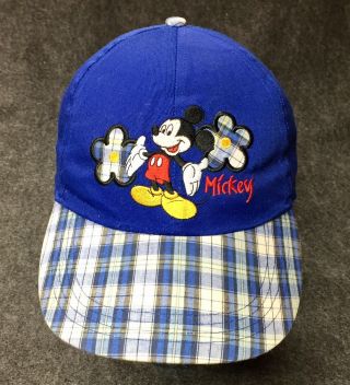 Rare Vintage 1980s Disney Mickey Mouse Baseball Cap Elastic Plaid Embroider Hat