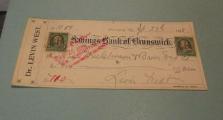 1898 Savings Bank Of Brunswick Maryland Signed Green Stamped Bank Check Antique