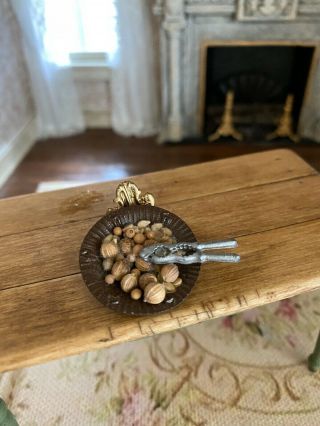 Vintage Miniature Dollhouse Artisan Sculpted Bowl Of Tiny Nuts Holiday Diorama