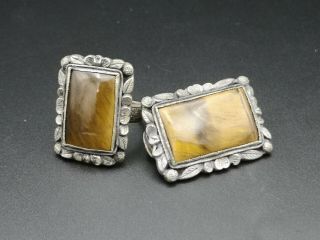 Antique Art Deco Chinese Export Silver & Tigers Eye Adjustable Ring & Dress Clip