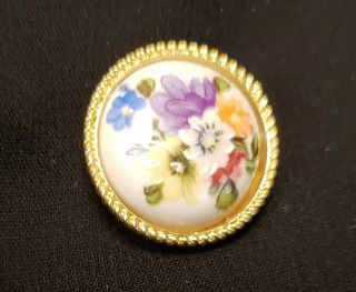 Vintage,  Hand Painted,  Floral Porcelain Button In Brass,  7/8 "
