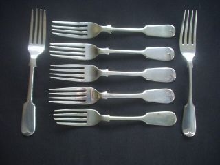 7 Vintage Silver Plated Fiddleback Pattern Dessert Forks Various Makers 6.  75 "