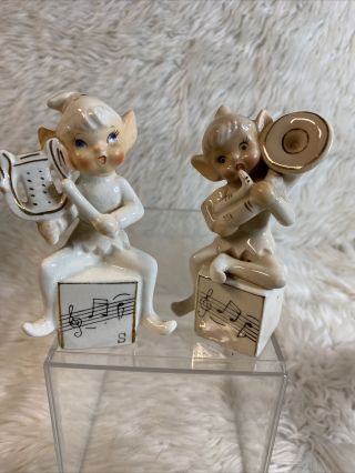 Vintage 1950s Elves Pixies Playing Horns Music Notes S & P Shakers Kitsch Rare