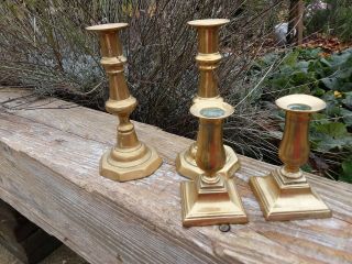 2 Pairs Of Brass Antique Candlesticks Heights 7 And 4.  5 Inches