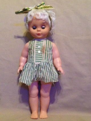 Vintage Old Plastic Doll Sleepy Eyes Freckles 11 " Green Striped Dress Blonde