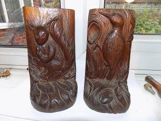 Antique Hand Carved Black Forest Wooden Bookends Woodpecker & Squirrel