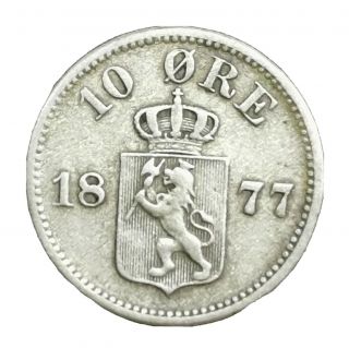 Norway 1877 Rare 10 Ore Aunc / Unc Silver Coin