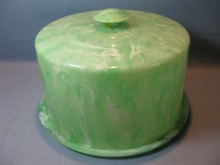 Rare Marbleized Green & White Plastic Cake Plate W Cover,  Mid Century Cake Saver