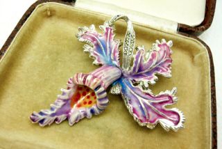 Vintage Jewellery Enamel Marcasite Orchid Lily Flower Brooch Pin