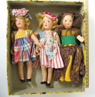 Set Of 3 Vintage Antique 7 " Dolls For Repair Or Parts