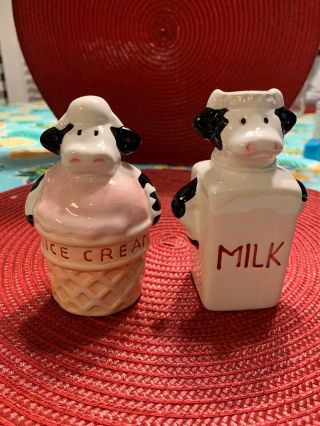 Rare Cow Ice Cream Cone & Milk Carton Salt & Pepper Shakers Set Of 2