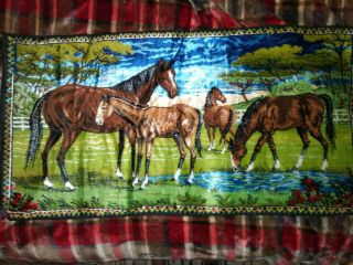 Vintage Velvet Tapestry Rug Horses Great Colors 38x19.  5 Inches