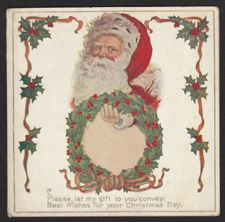 Christmas - Antique Embossed Card - Cutout Holly Wreath - Victorian Santa Claus