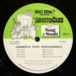 ARISTOCATS & SONG OF THE SOUTH Rare Walt Disney Radio Spots Promo Record NM 2