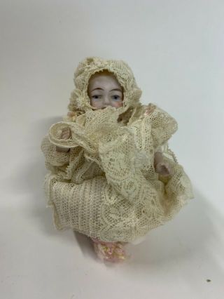 Vintage Porcelain Bisque Doll Wire Jointed Painted Features 3 3/4 "
