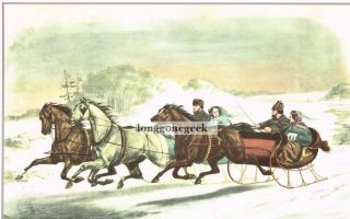 Currier And Ives The Sleigh Race 1952 Print Winter Snow Horses