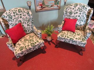 Dollhouse Miniature Vintage Shackmam Upholstered Wing Back Chairs 1:12
