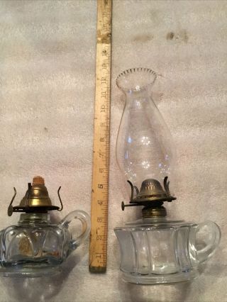 2 1880 Antique Glass Small Finger Oil Lamp,  Antique Brass Burner,  Wick,  1 Chimney