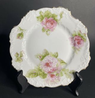 Antique Hermann Ohme Silesia White Roses Embossed Scroll Porcelain Plate 7 7/8 "