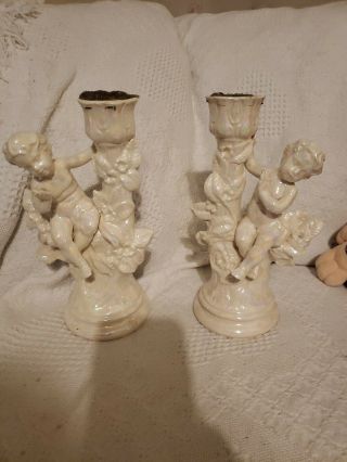 Vintage Holland Mold Ceramic Romantic Porcelain Angel Cherub Candle Holders