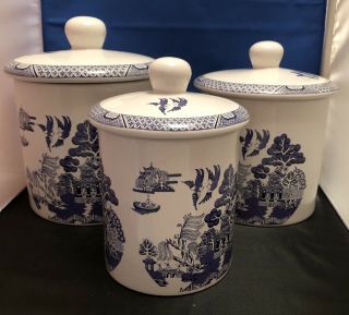 Royal Cuthbertson Blue Willow 3 Cannister Set - Rare Hard To Find