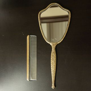 Vintage Antique Ornate Brass Hand Mirror And Vanity Comb Set