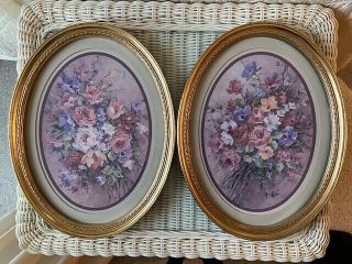 Pair Vintage Oval Framed Floral Art Print Set Of 2