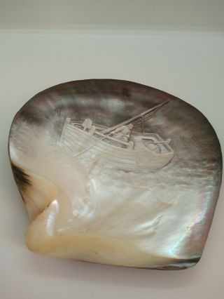 Large Rare Antique Mother Of Pearl Carved Shell Fishing Trawler At Sea Excllent