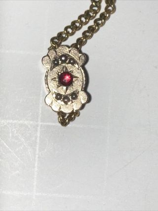 Antique Gold Tone Chain Slide With Pearls And Red Stone