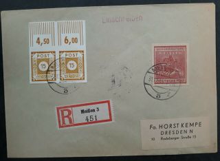 Very Rare 1946 Germany (saxony Soviet Zone) Registd Cover Ties 3 Stamps
