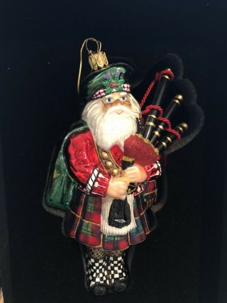Rare Mackenzie - Childs “piper Santa” Scottish Check Glass Ornament W Orig Box
