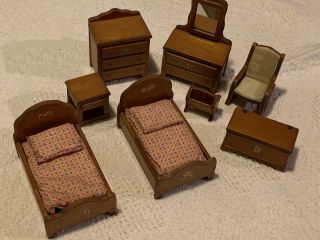 Vintage 8 Piece Dollhouse Bedroom Set Furniture Made In Usa 1950s