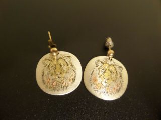 Xlnt Vintage Rare Reed & Barton Etched Damascene Sterling Silver Lion Earrings