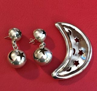 Vintage Mexican Sterling Silver Set Moon & Star Pin Brooch And Earrings Pierced
