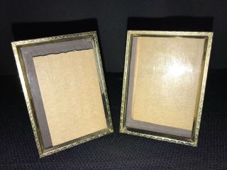 2 Vintage Gold Metal Embossed Photo Picture Frames Mcm Easel Back 2.  5x3.  5 "