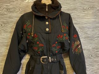 94’ Bogner Omg Rare Black Ski Red Floral Snow Suit Deer Belted Jumpsuit Size 4 6