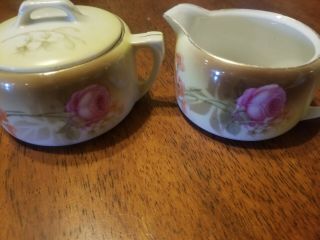 Antique R S Tillowitz Silesia Pink Rose Cream And Sugar W/ Lid Germany
