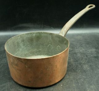 Rare 7 1/2 " Dia X 4 " Deep Antique French Copper & Cast Iron Sauce Pan Pot (c4)
