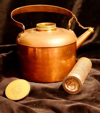 Antique English Copper Picnic Tea Kettle With Sieve