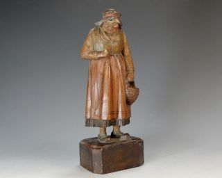 Antique Black Forest ? Carved Wood Figure Of Old Woman