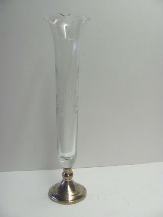 Vintage Web Sterling Silver Etched Glass Bud Vase 11 " Marked