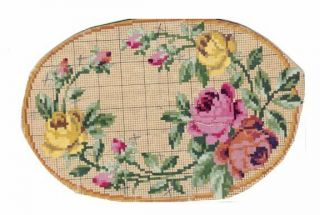 Antique Berlin Woolwork Hand Painted Chart Pattern Roses Wreath Oval
