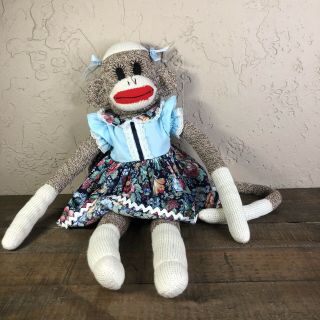 Vintage 20” Large Sock Monkey Girl " W Floral Handmade Dress Plush Toy