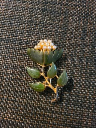 Vintage Swoboda Carved Jade Pearls Flower Brooch Rare Large