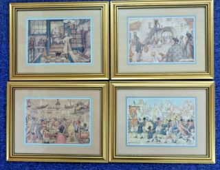 Vintage Anton Pieck Set Of 4 Prints In Gold Coloured Frames (sw140p) Pics