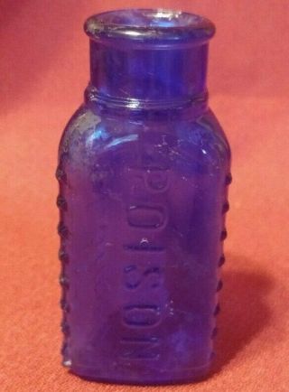 Antique Cobalt Blue Triangle Embossed Hobnail Corners Poison Triloid Bottle Vtg