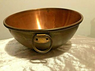Vintage Round Copper Mixing Bowl With Brass Ring For Hanging Antique Cookware