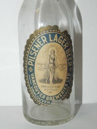 Antique Clear Long Beer Bottle Vancouver Breweries Bc Pilsner Lager Paper Label